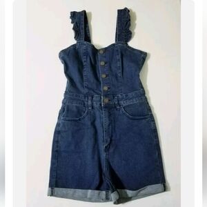 Almost Famous Shortall Button Front Ruffle Strap Overall Jean Shorts XS Romantic